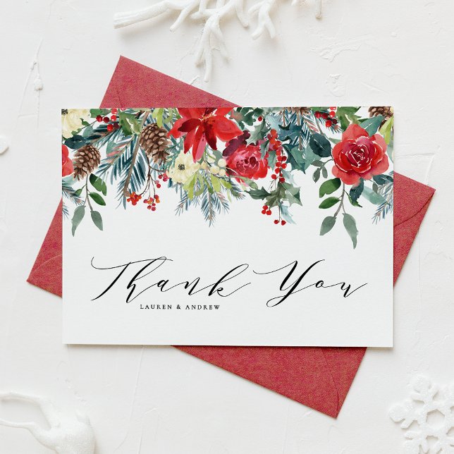 Watercolor Winter Blooms Garland Botanical Wedding Thank You Card (Creator Uploaded)