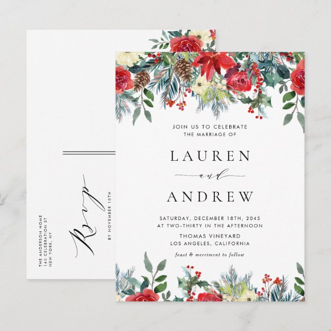 Watercolor Winter Blooms Garland Floral Wedding Invitation Postcard (Front/Back)
