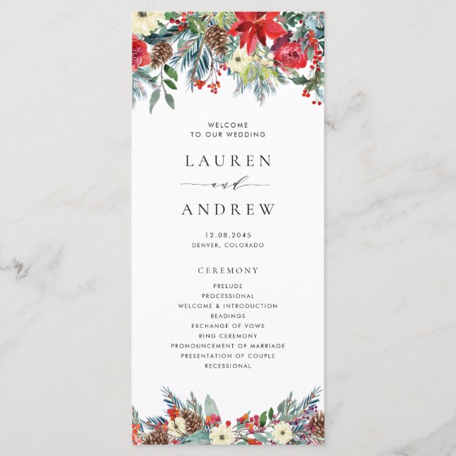 Watercolor Winter Blooms Garland Wedding Programme (Front)