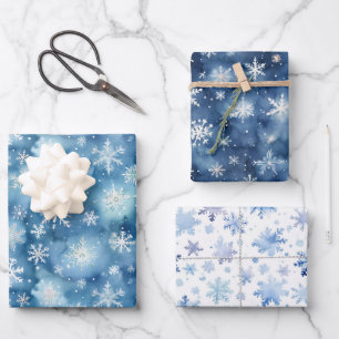 Watercolor Winter Blue and White Snowflake Gift Wrapping Paper Sheet