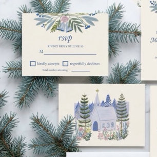 Watercolor Winter Blue Church Bells RSVP Enclosure Card