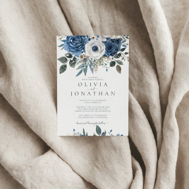 Watercolor Winter Blue Floral Bouquet Wedding Invitation (Creator Uploaded)