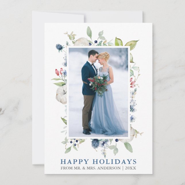 Watercolor Winter Blue Floral Newlywed Holiday Card (Front)