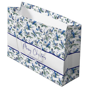 Watercolor Winter Blue Jay Christmas Snowy Pine Large Gift Bag