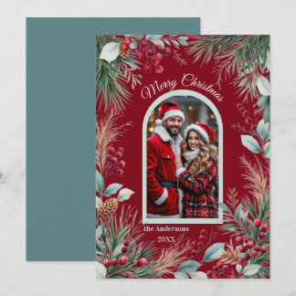 Watercolor Winter Botanical Border Pine Berries Holiday Card