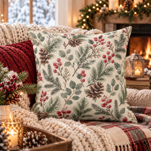 Watercolor Winter Botanical Pine and Berries Cushion