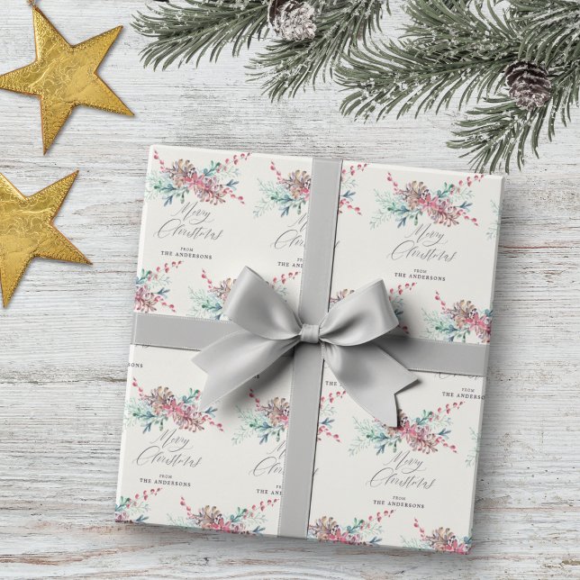 Watercolor Winter Botanicals Merry Christmas Wrapping Paper (Mockup View)