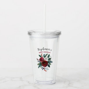 Watercolor Winter Burgundy Flowers Baby Shower Acrylic Tumbler
