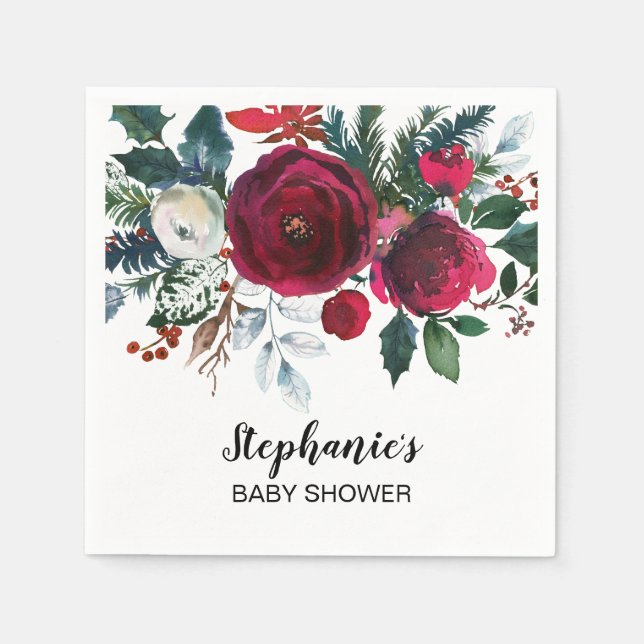 Watercolor Winter Burgundy Flowers Baby Shower Napkin (Front)