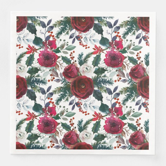 Watercolor Winter Burgundy Flowers Christmas Napkin (Front)