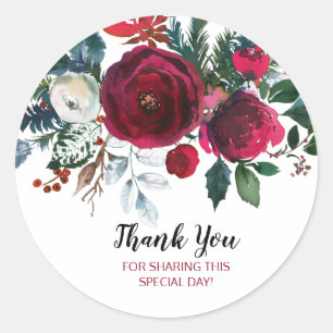 Watercolor Winter Burgundy Flowers Classic Round Sticker