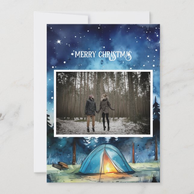 Watercolor Winter Camping Couple Christmas Photo  Holiday Card (Front)