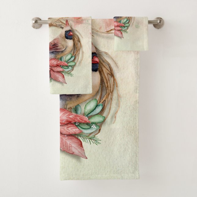 Watercolor Winter Cardinal Bath Towel Set (Insitu)