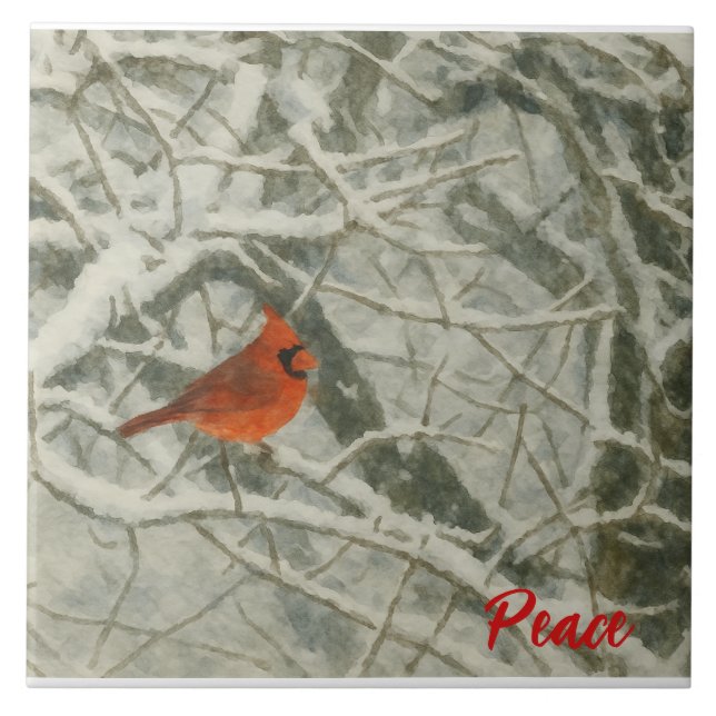 Watercolor Winter Cardinal Ceramic Tile (Front)