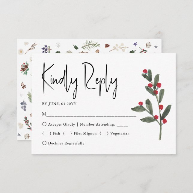 Watercolor Winter Christmas Foliage Wedding  RSVP Card (Front/Back)