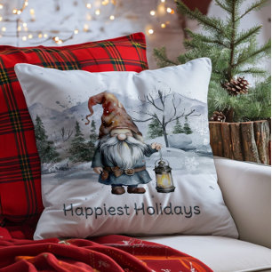 Watercolor Winter Christmas Gnome Cushion