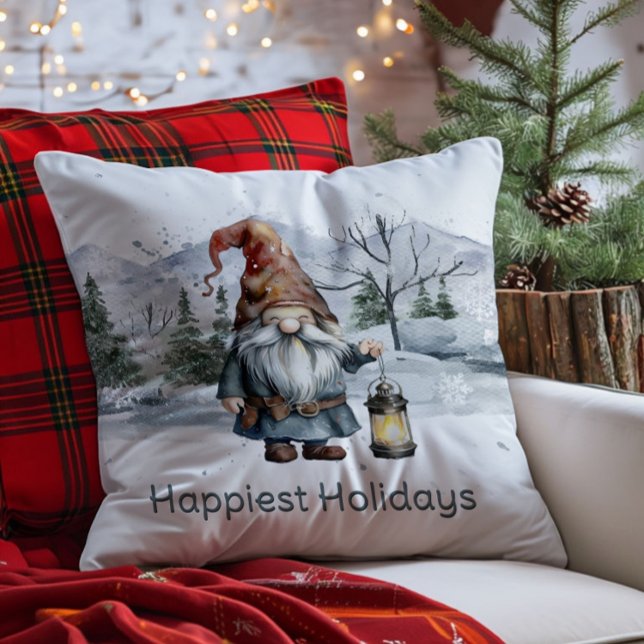 Watercolor Winter Christmas Gnome Cushion (Watercolor Winter Christmas Gnome Throw Pillow)
