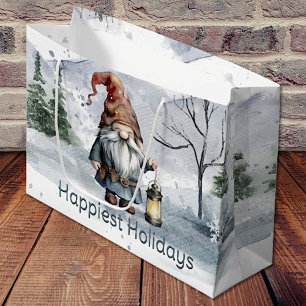 Watercolor Winter Christmas Gnome Large Gift Bag