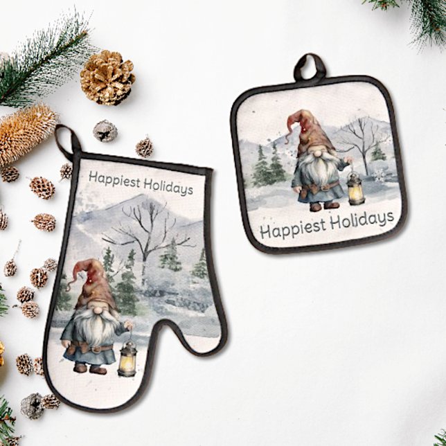 Watercolor Winter Christmas Gnome Oven Mitt & Pot Holder Set (Watercolor Winter Christmas Gnome Oven Mitt and Pot Holder Sert)