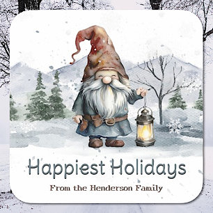 Watercolor Winter Christmas Gnome Personalised Square Sticker