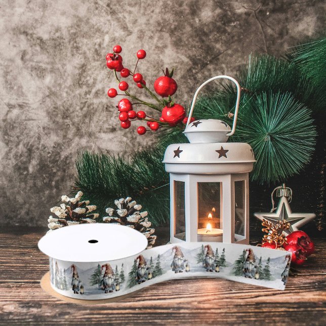 Watercolor Winter Christmas Gnome Satin Ribbon (Watercolor Winter Christmas Gnome Satin Ribbon)