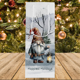 Watercolor Winter Christmas Gnome Wine Gift Bag