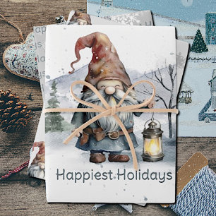 Watercolor Winter Christmas Gnome Wrapping Paper Sheet