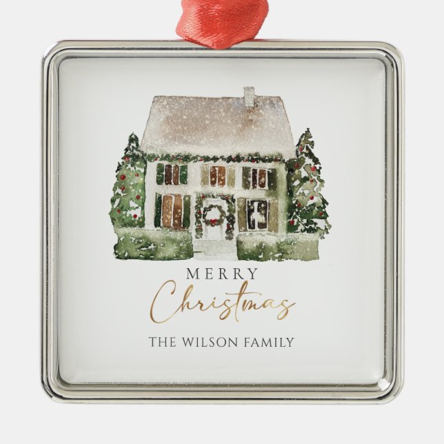 Watercolor Winter Christmas House Ornament (Front)