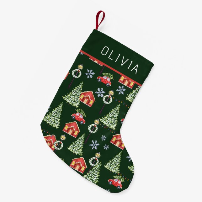 Watercolor Winter Christmas Tree Custom Name Small Christmas Stocking (Front (Hanging))