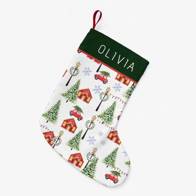 Watercolor Winter Christmas Tree Custom Name Small Christmas Stocking (Front (Hanging))