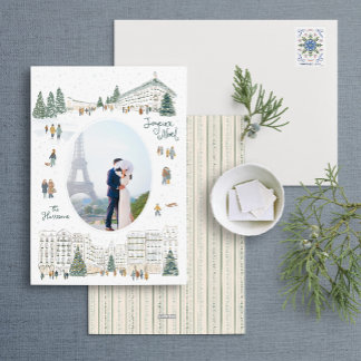 Watercolor Winter Cityscape Photo Christmas Holiday Card