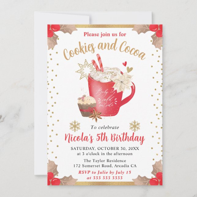 Watercolor Winter Cookies and Cocoa Birthday Invitation (Front)