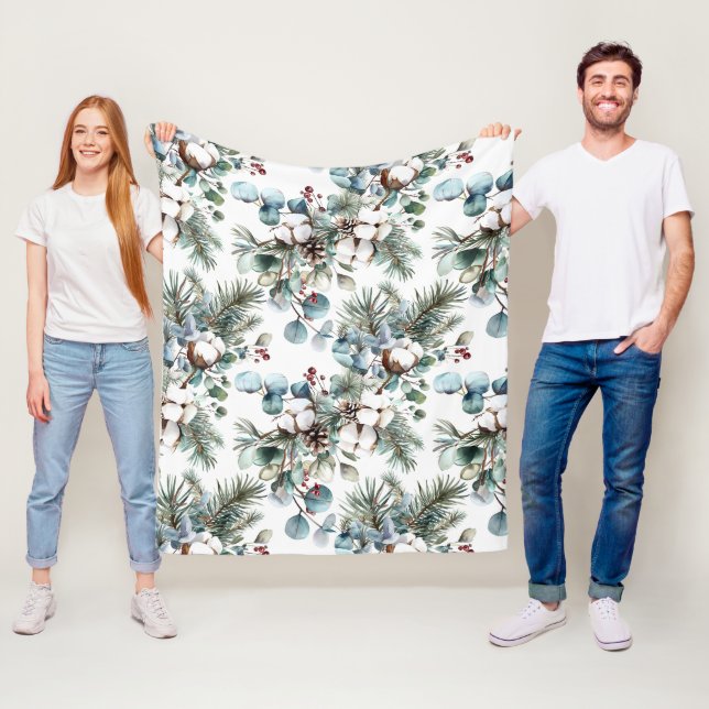 Watercolor Winter Cotton Pine Christmas  Fleece Blanket (In Situ)