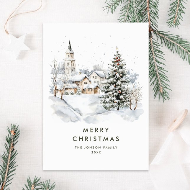 Watercolor Winter Country Christmas Tree Holiday Card (Creator Uploaded)