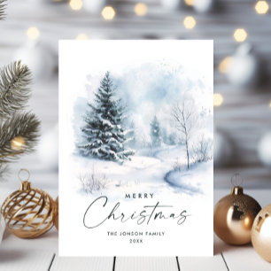 Watercolor Winter Country Landscape Christmas Holiday Card