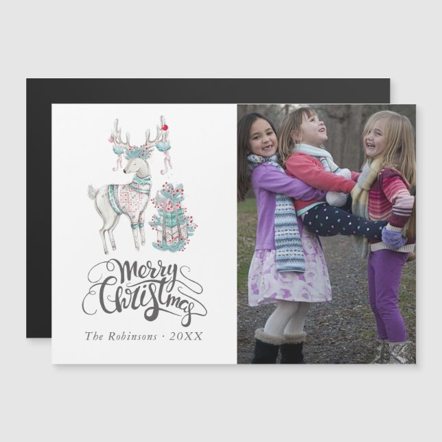 Watercolor Winter Deer Christmas photo Magnetic Invitation (Front/Back)