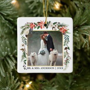 Watercolor Winter Floral Gold Frame Wedding Photo Ceramic Ornament