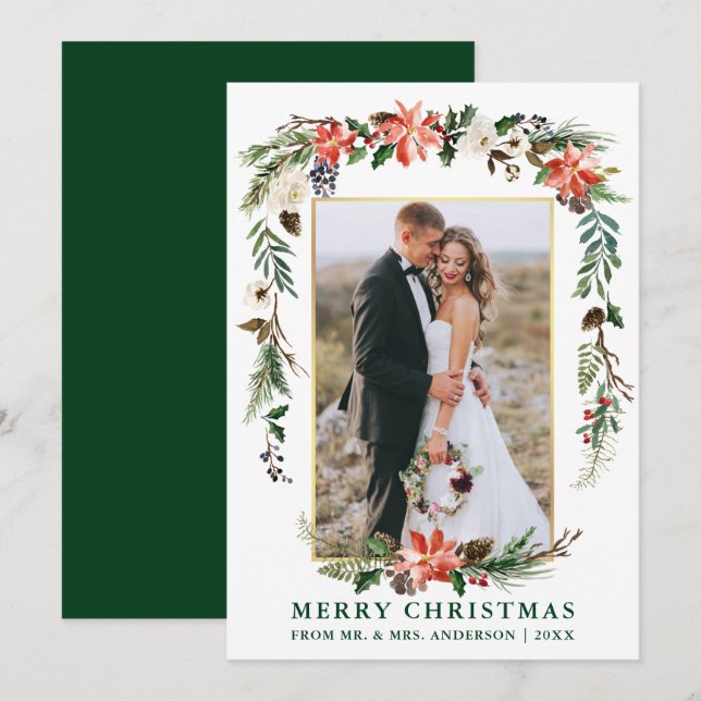 Watercolor Winter Floral Gold Green Newlywed Holiday Card (Front/Back)