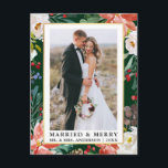 Watercolor Winter Floral Green Married and Merry Postcard<br><div class="desc">Elegant Watercolor Winter Floral Newlywed Photo Married & Merry Christmas Postcard  includes beautiful watercolor red poinsettias,  botanical greenery,  winter foliage,  holly berries,  and white roses. Gold Frame.</div>
