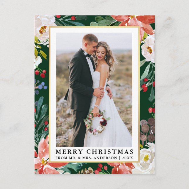 Watercolor Winter Floral Green Newlywed Christmas Postcard (Front)
