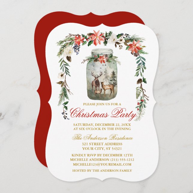 Watercolor Winter Floral Mason Jar Christmas Party Invitation (Front/Back)