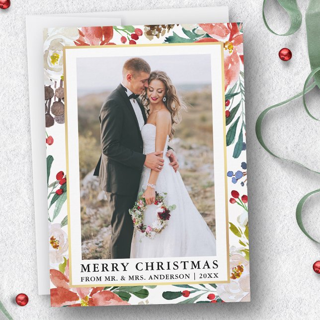 Watercolor Winter Floral Newlywed Christmas Holiday Card (Customize to add text to back of card.)