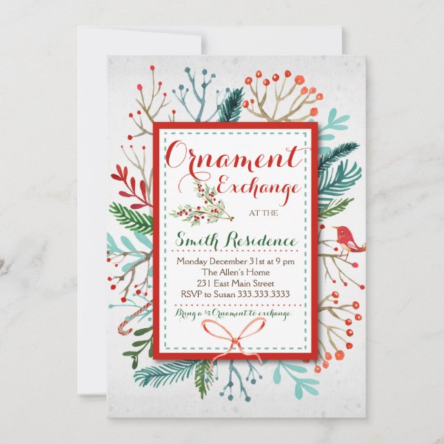 Watercolor Winter Floral ornament exchange Invitation (Front)