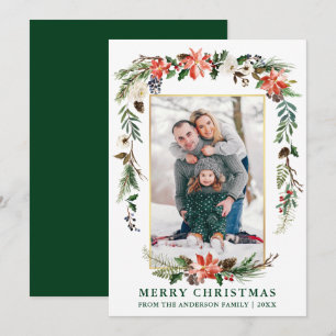 Watercolor Winter Floral Photo Gold Frame Green Holiday Card