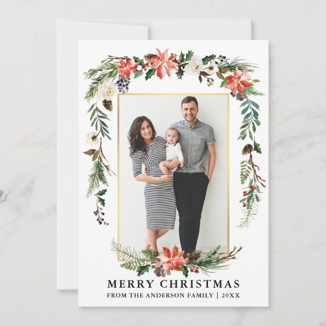 Watercolor Winter Floral Photo Gold Frame Holiday Card (Front)