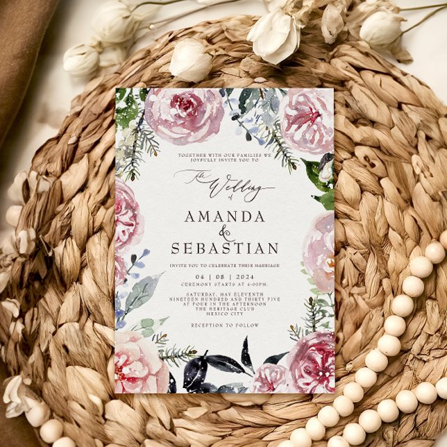 Watercolor Winter Floral Pink Frame Wedding Party Invitation (Creator Uploaded)