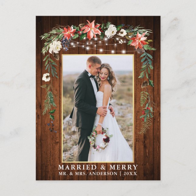 Watercolor Winter Floral Wood Gold Married Merry Postcard (Front)