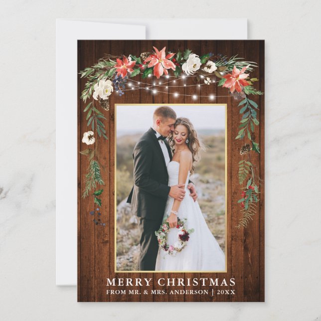 Watercolor Winter Floral Wood Gold Newlywed Holiday Card (Front)