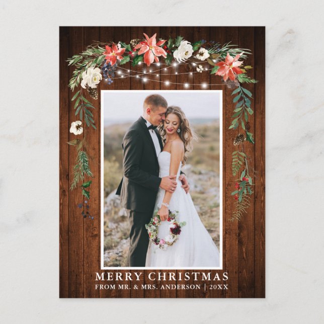 Watercolor Winter Floral Wood Newlywed Christmas Postcard (Front)