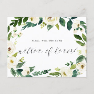 Watercolor Winter Floral Wreath Matron of Honour Announcement Postcard